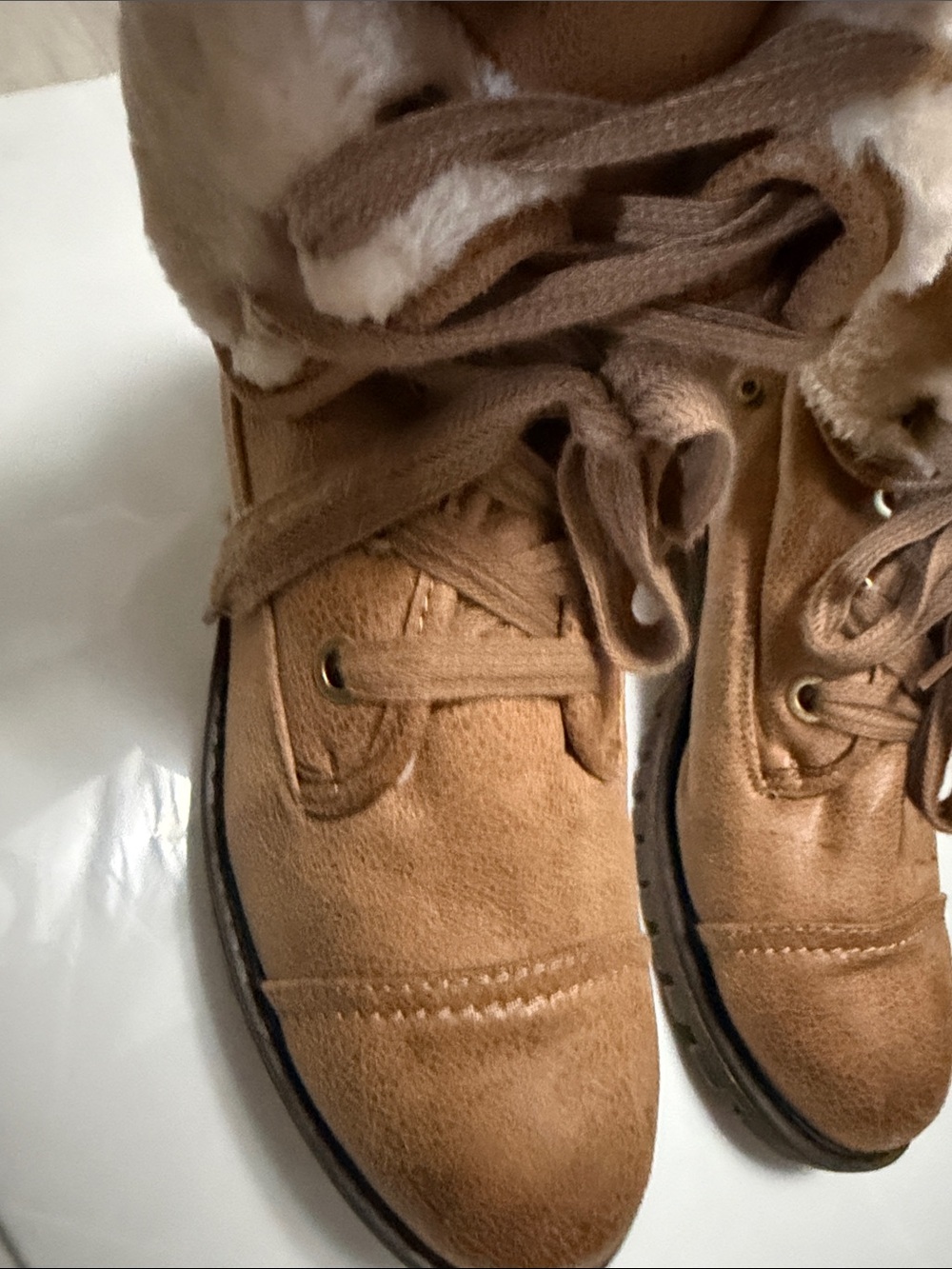Roxy Tan Faux-Suede Lace-Up Boots with Faux-Fur Trim
